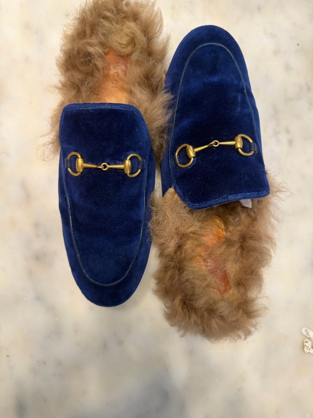 Gucci Brown Fur-Lined Velvet Slip-On Mules with Gold Trim